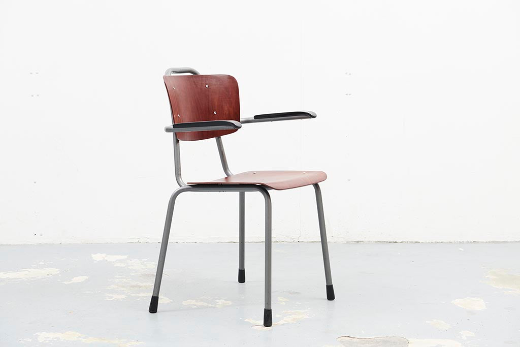 Chaise vintage Galvanitas accoudoirs acajou et gris