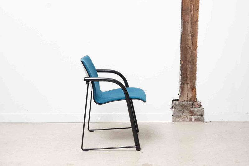Thonet S320 armchair in sky blue wood with white armrests