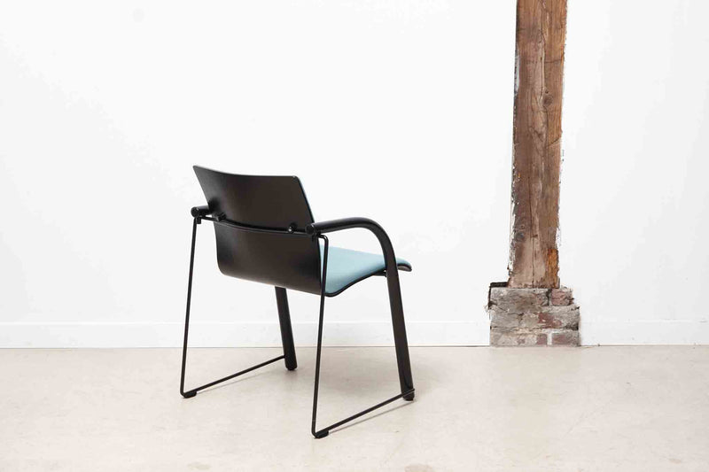 Thonet S320 armchair in sky blue wood with white armrests