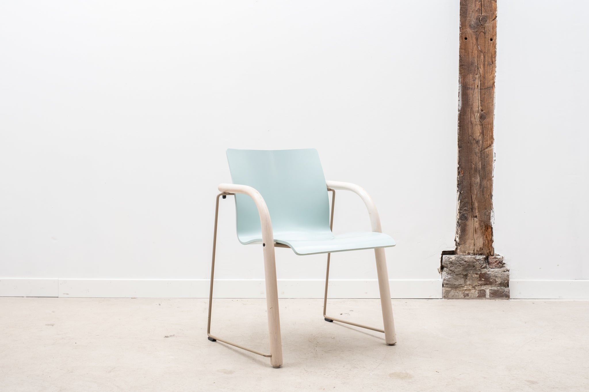 Thonet S320 armchair in sky blue wood with white armrests